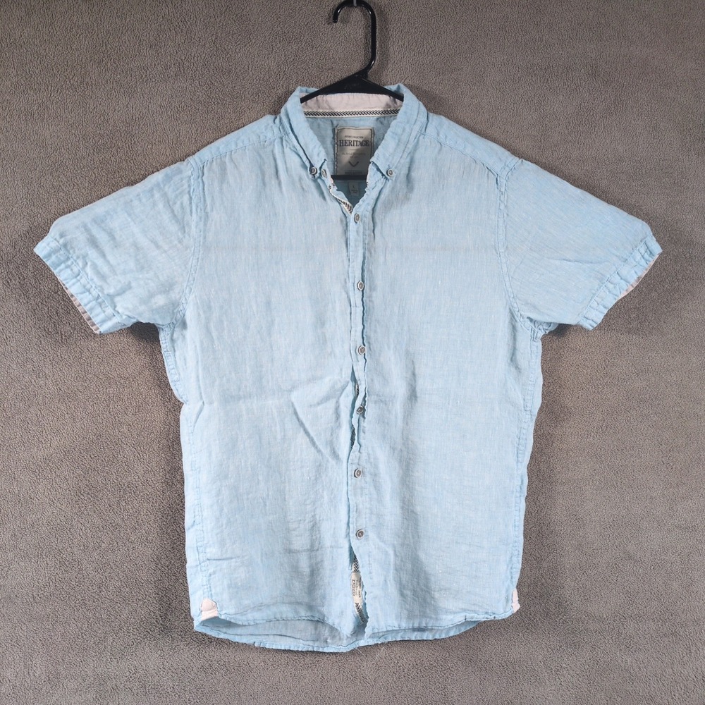 Report Collection Heritage Mens Light Blue‎ 100% Linen Short Sleeve Shirt Large